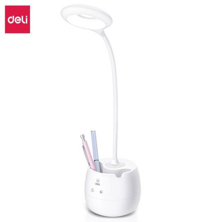 Deli Lampe de bureau LED moderne avec porte-stylos, Rechargeable par USB ,Éclairage ajustable et confortable